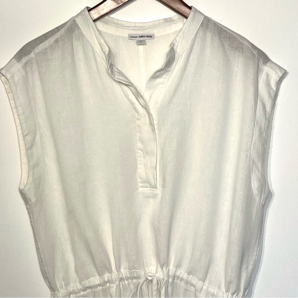 JAMES PERSE 100% Linen Drawstring Dress, mini, white hidden button 3, la… - Picture 3 of 6